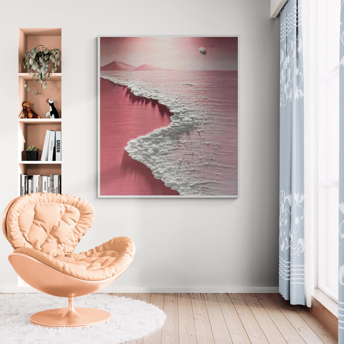 Soft pink and white tones make this painting ideal for dreamy bedroom decor or calming nurseries.