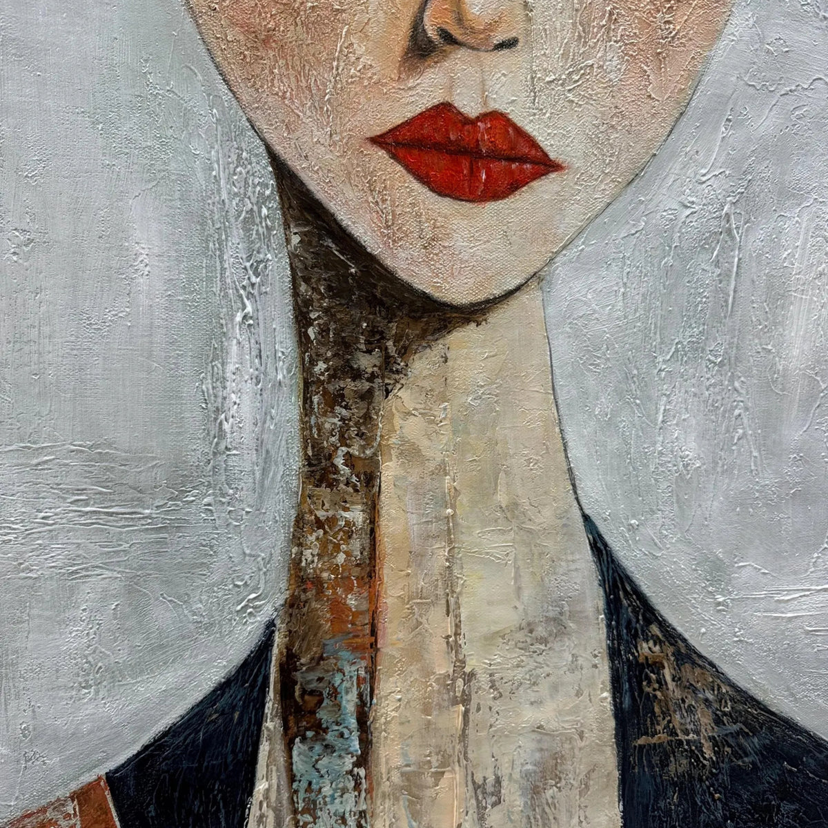 Close-up of the handmade oil painting reveals layered textures and brushwork that give depth and tactile richness.