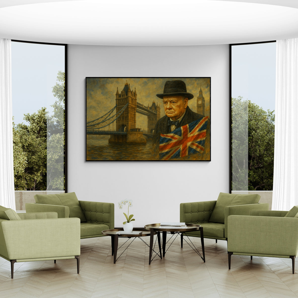 Handmade Churchill portrait with UK flag and Tower Bridge, suited for gallery walls or patriotic home décor.