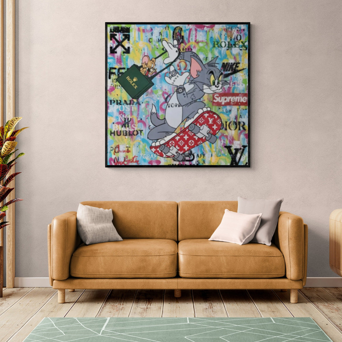 Tom and Jerry luxury street art – urban pop culture painting with high-fashion influences, vibrant colors, and iconic animation.