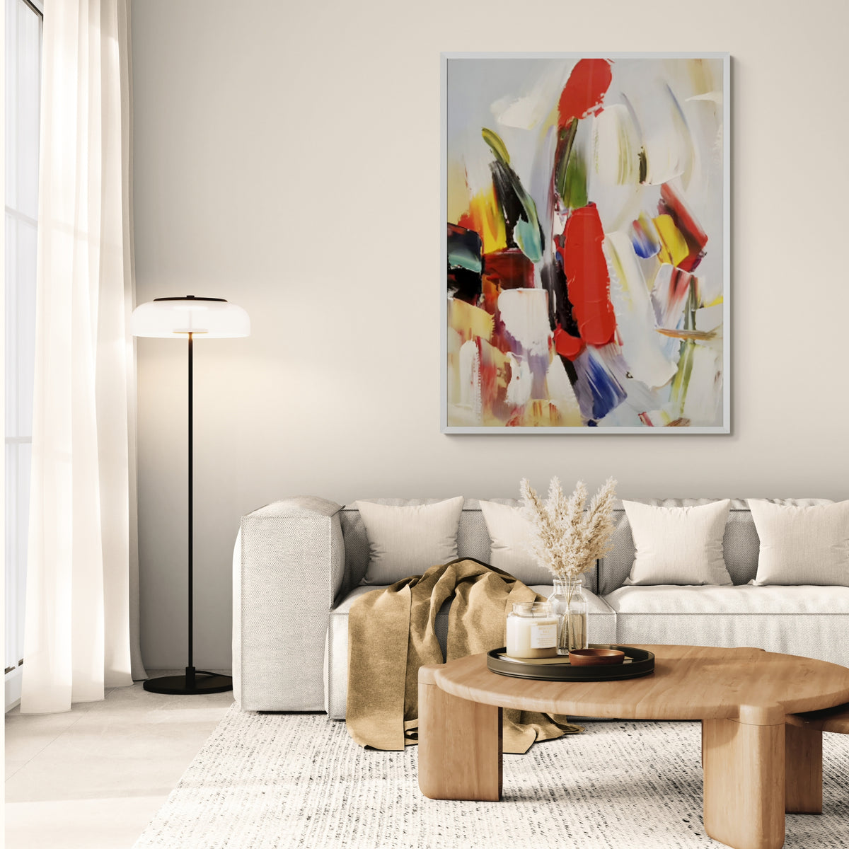 Expressive modern painting with dynamic color contrasts and layered textures, perfect for adding energy to minimalist interiors.