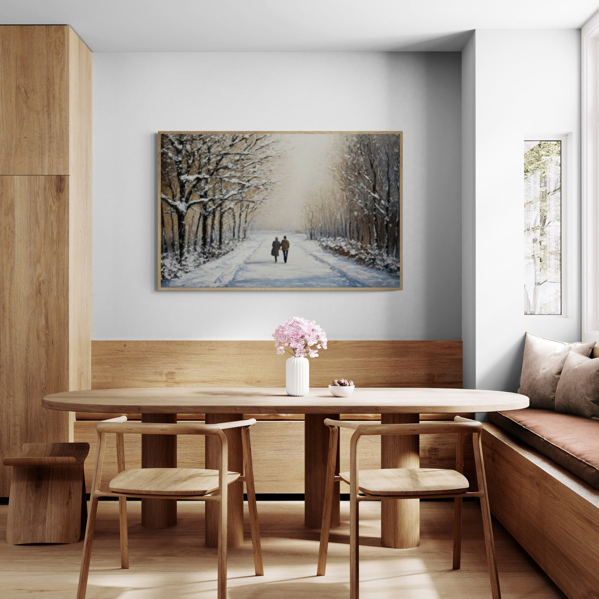 Winter landscape wall art with couple in snow, perfect for rustic bedrooms or natural light-filled interiors