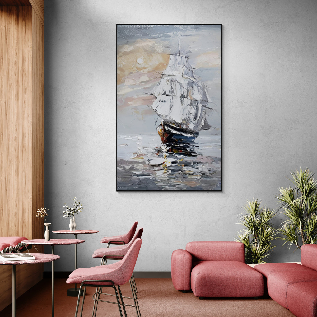 Serene ocean painting with classic sailing ship, perfect nautical decor in a warm-toned home office space.