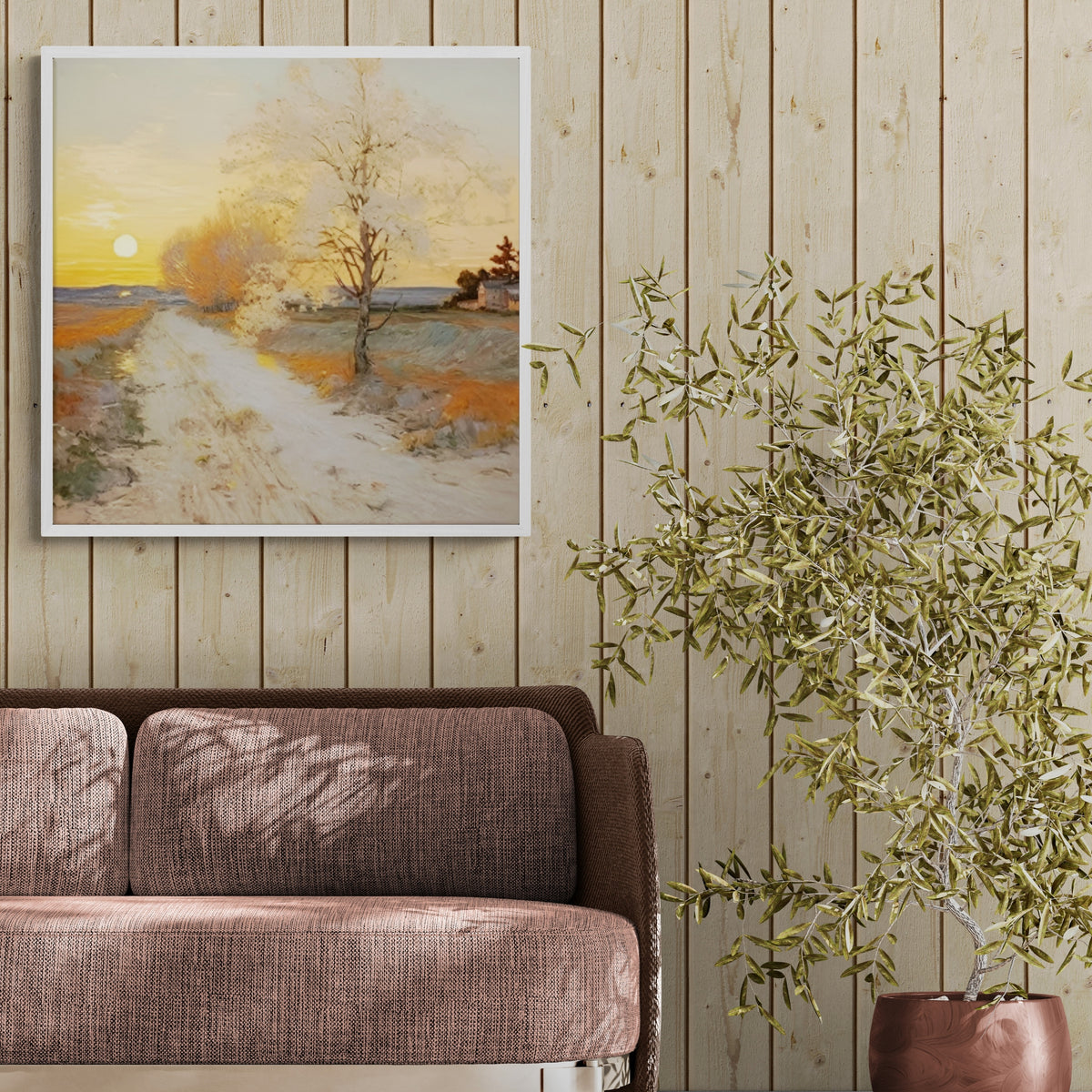 Original handmade oil painting of tree-lined road at dusk, styled in a contemporary wood-accented space.