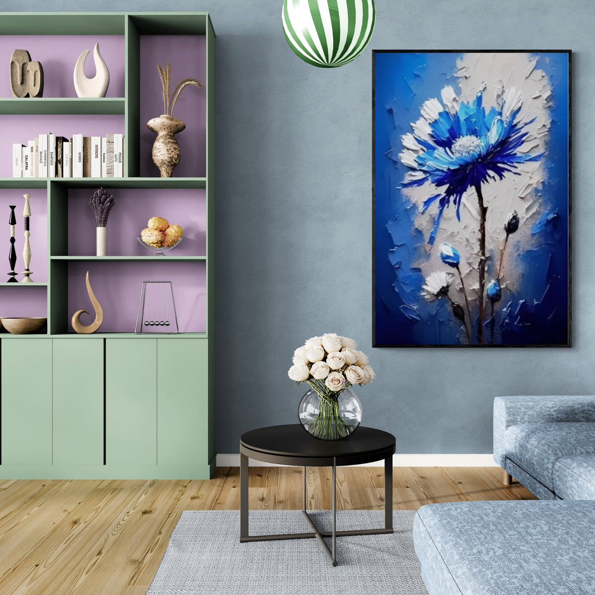 Striking handmade flower painting in blue and white tones, ideal wall decor for stylish contemporary spaces.
