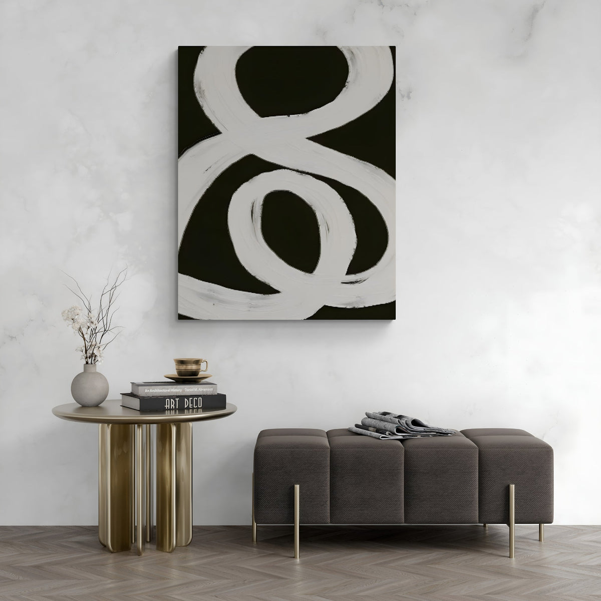 Handmade wabi-sabi oil painting with bold white strokes on black canvas, perfect abstract wall art for modern minimalist decor.