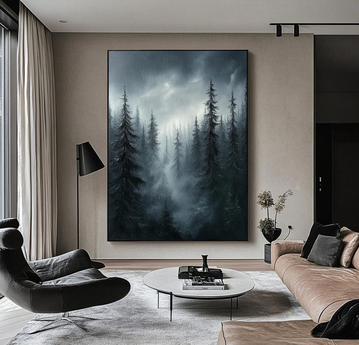 Textured oil painting of a foggy forest, adds depth and mystery to contemporary interiors