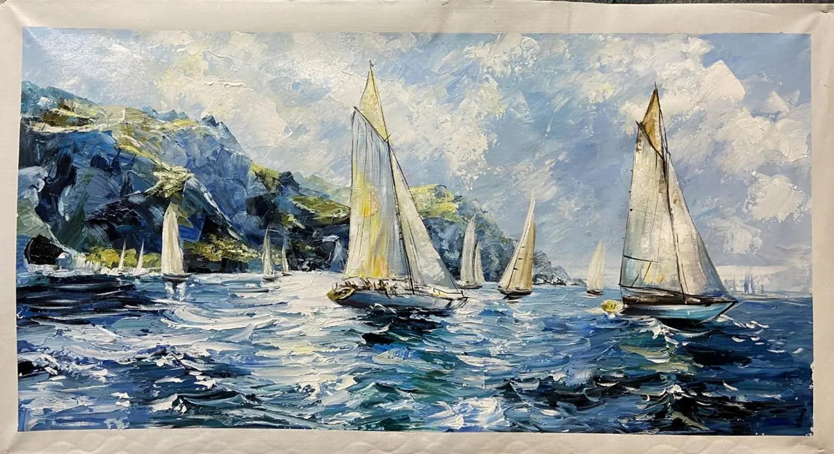 Vivid oil painting of yachts on open water, capturing the thrill of sailing and the shimmer of light on waves—an excellent choice for yacht clubs, seaside properties, or stylish interiors with a love for the sea.