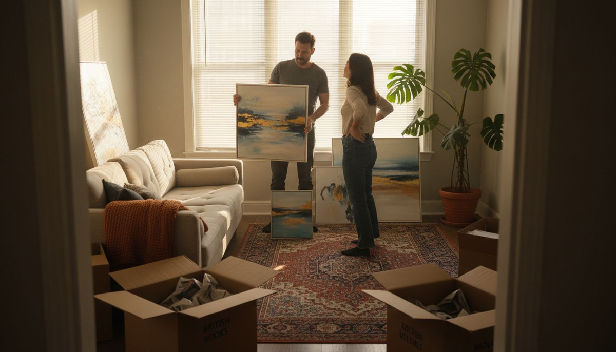 Couple arranging art in living room