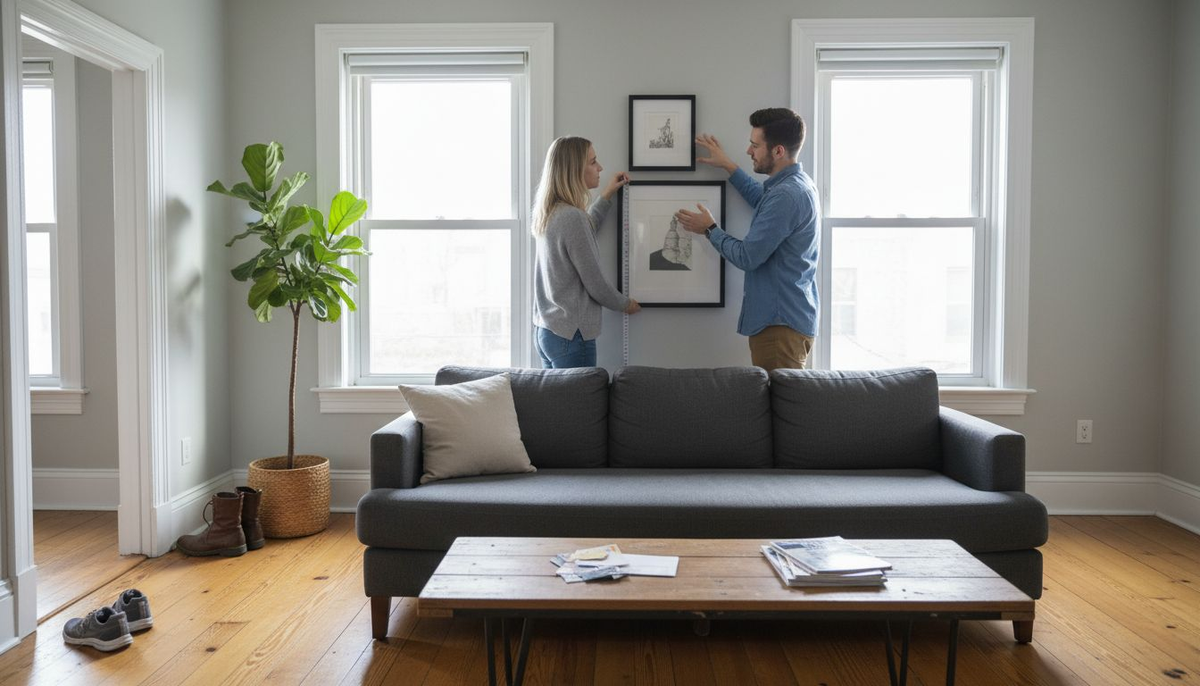 Couple choosing wall art in sunlit living room