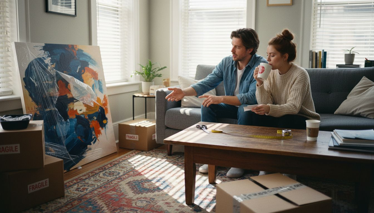 Couple selecting wall art for apartment