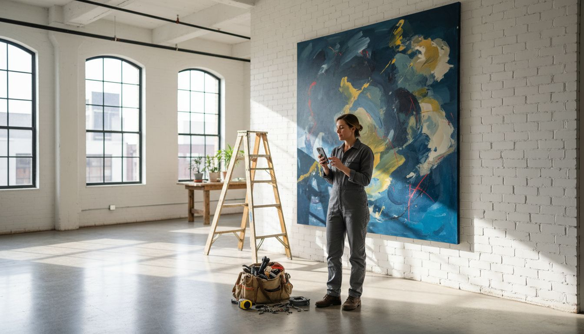Curator surveys large wall-mounted abstract art