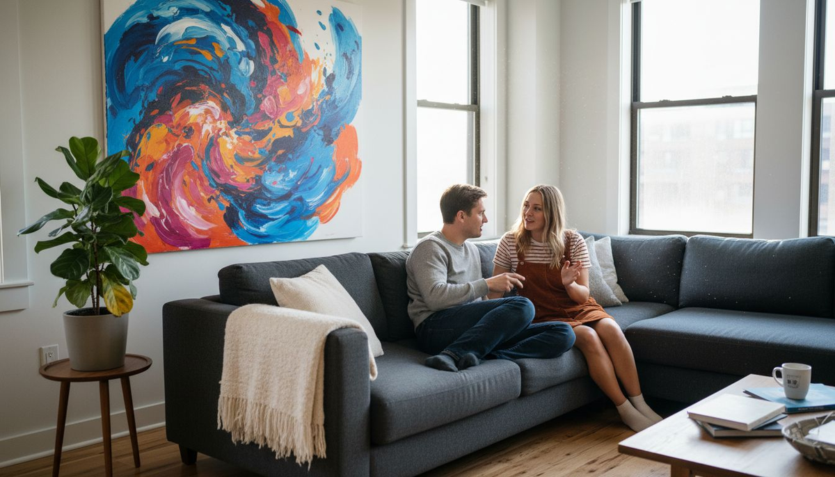 Couple viewing statement wall art in modern apartment