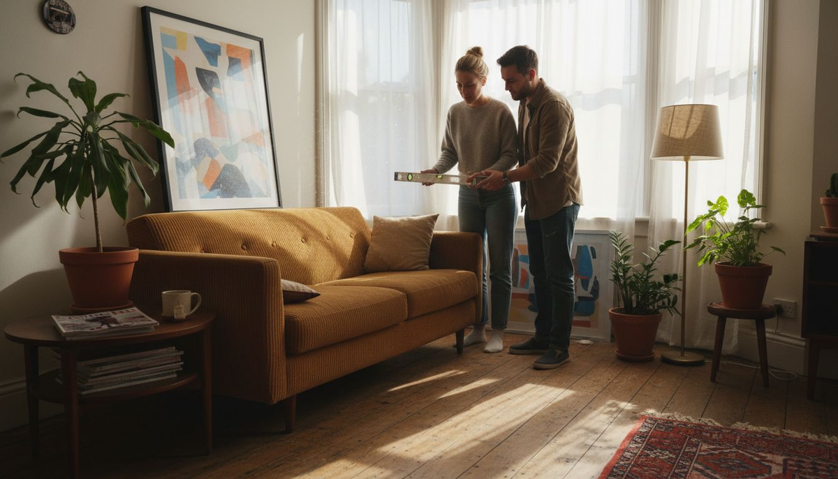 Couple hanging framed art in cozy living room