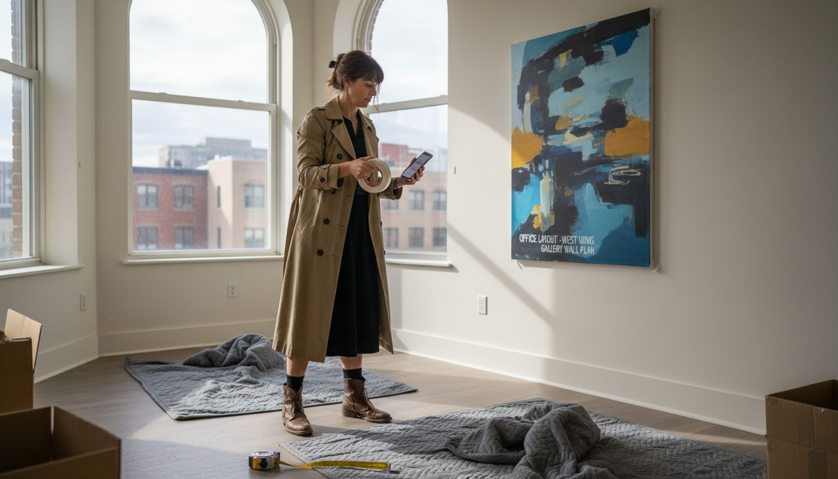Art consultant installs large canvas in open office