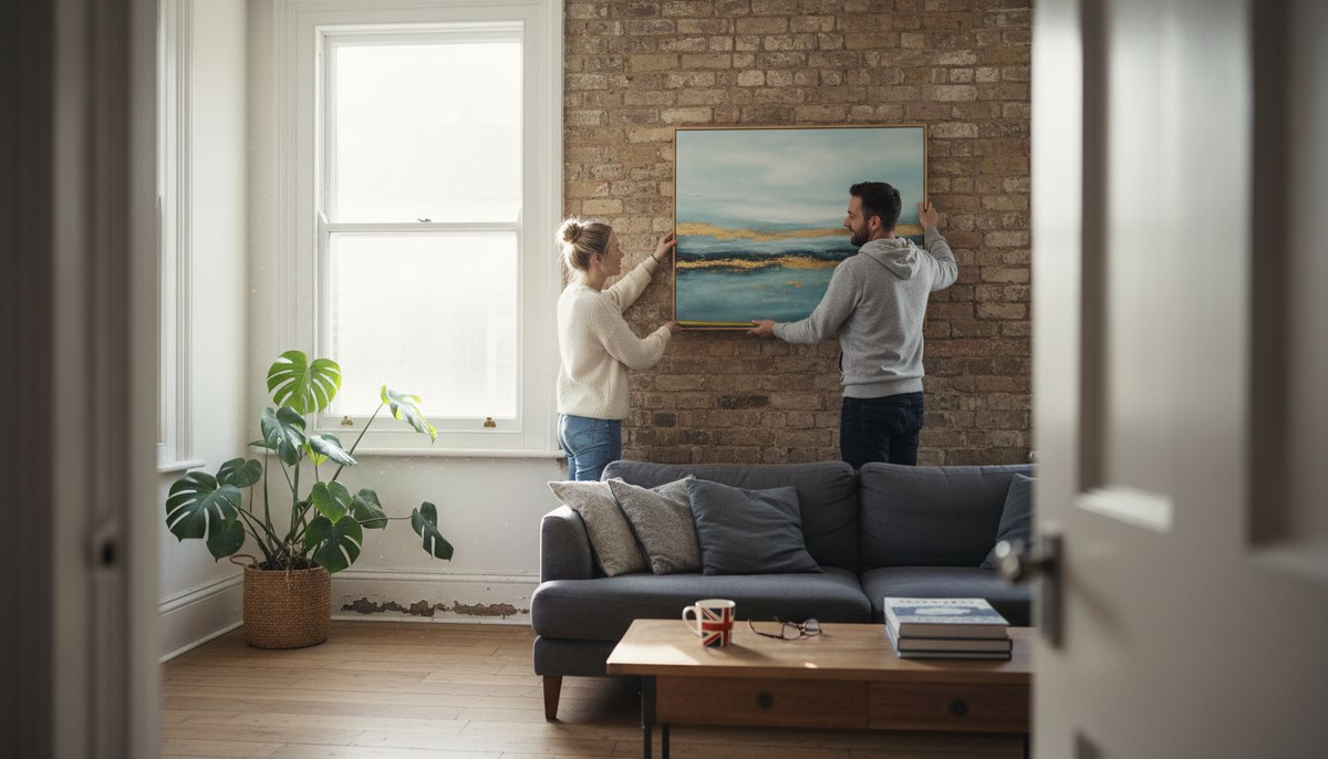 Couple hanging wall art in modern UK living room