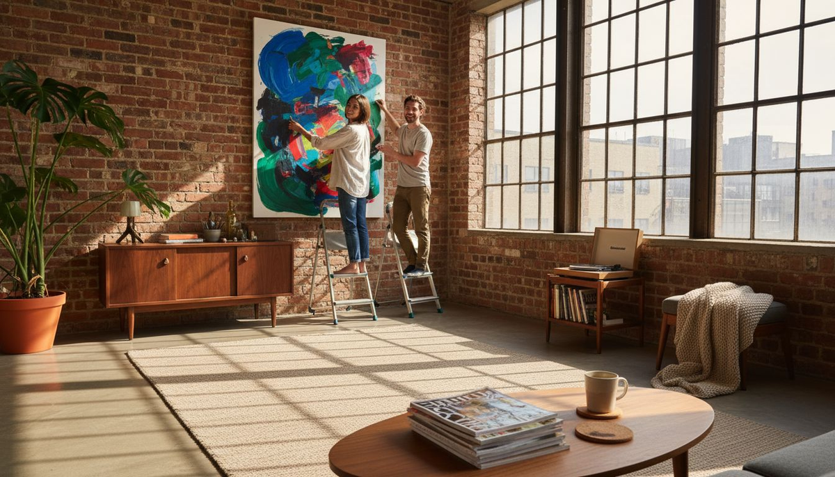 Couple hanging large canvas in urban apartment