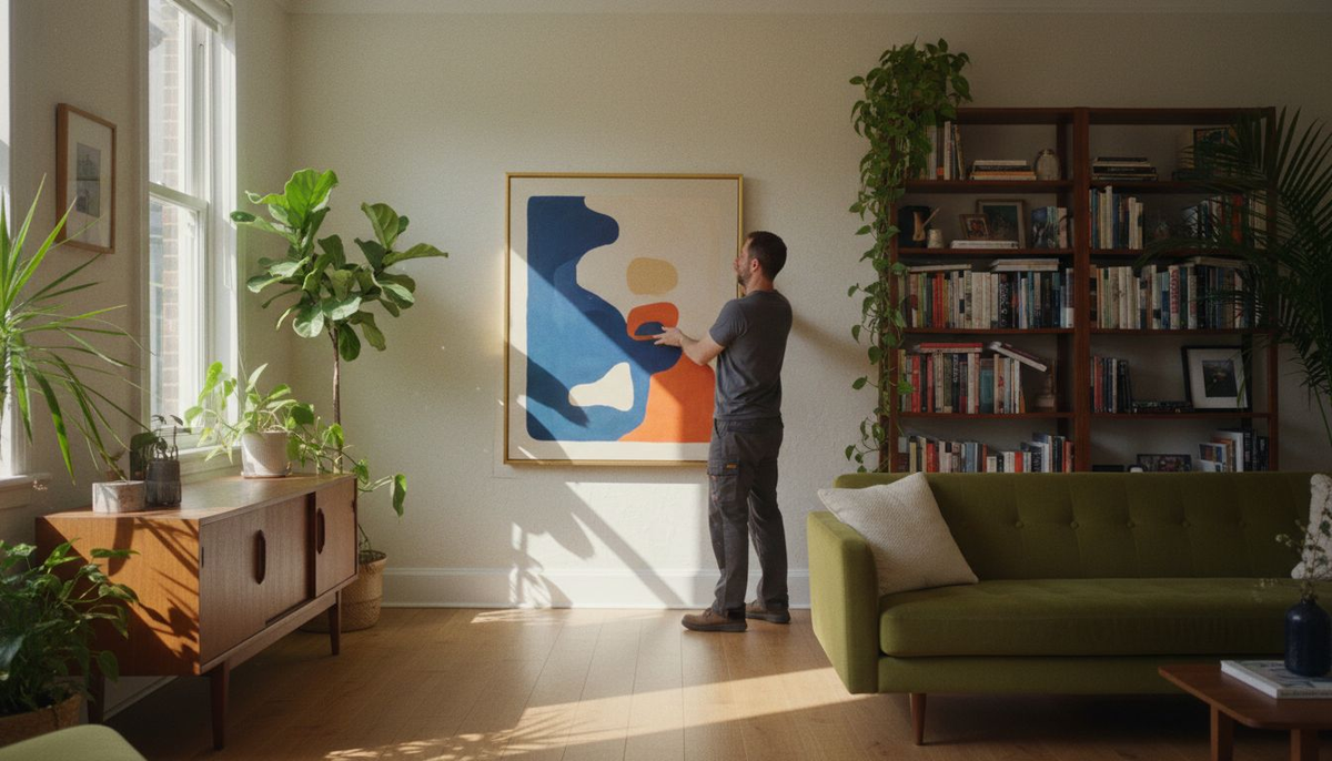 Homeowner hanging art in bright living room