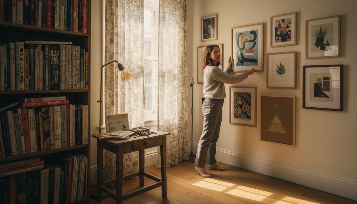 Woman arranging art prints on home wall
