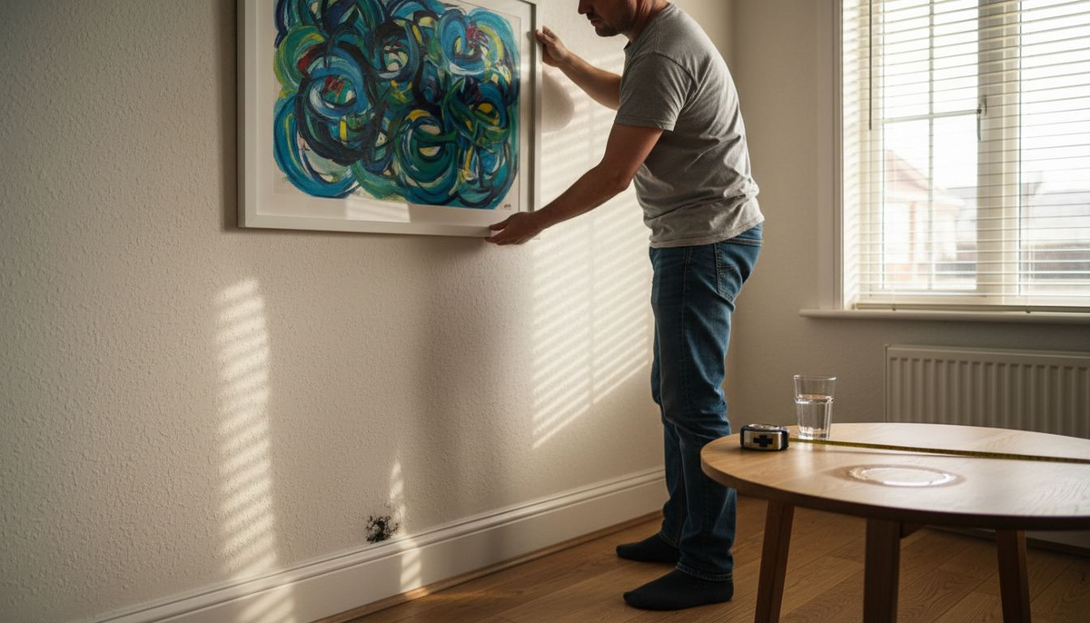 Person framing artwork in cozy living room