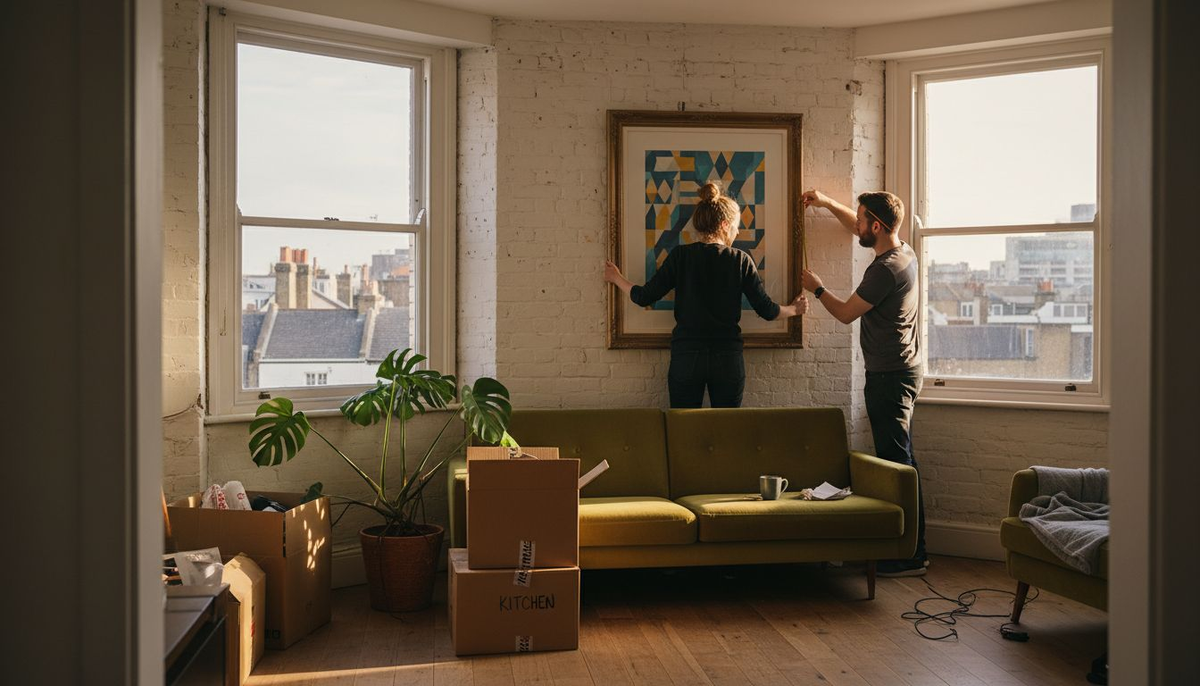 Couple hanging art print in urban living room