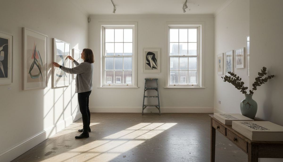 Gallery curator hanging fine art prints