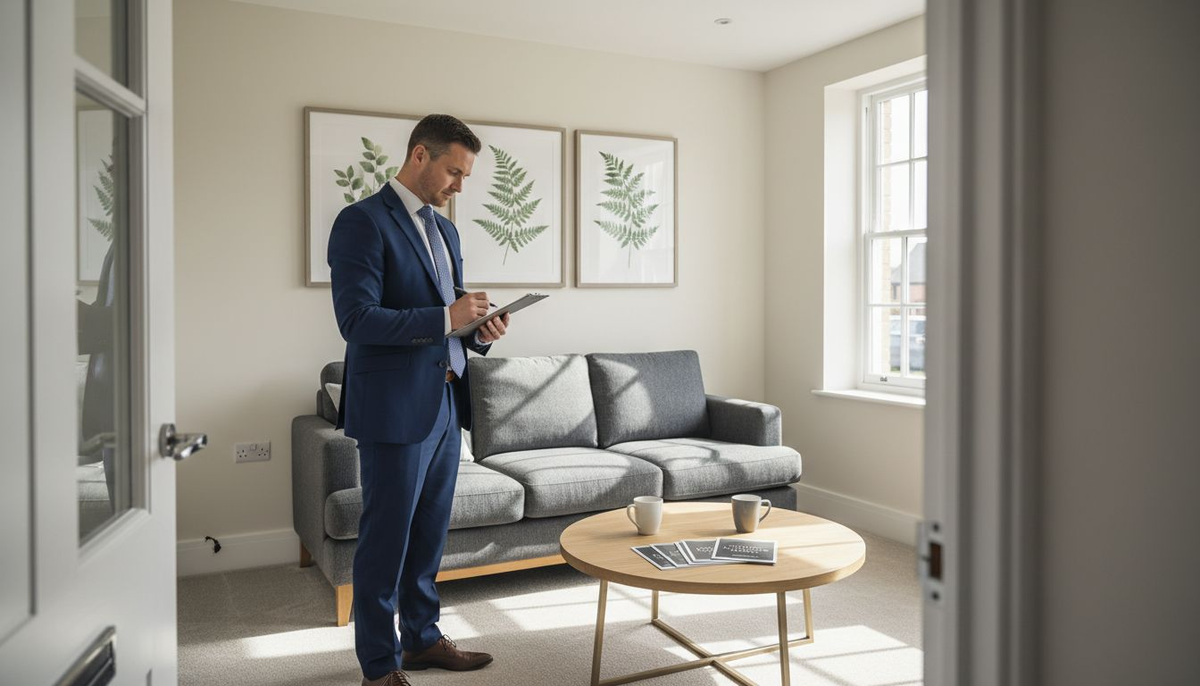 UK show home staged with framed art and agent