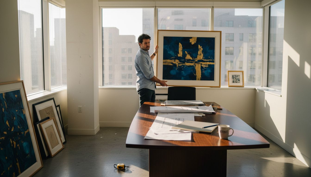 Project manager reviewing wall art samples