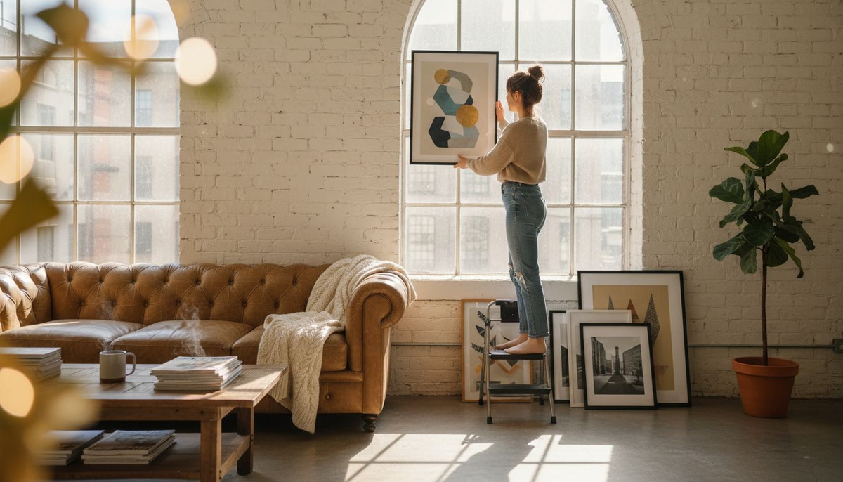 Designer arranging art in loft living room
