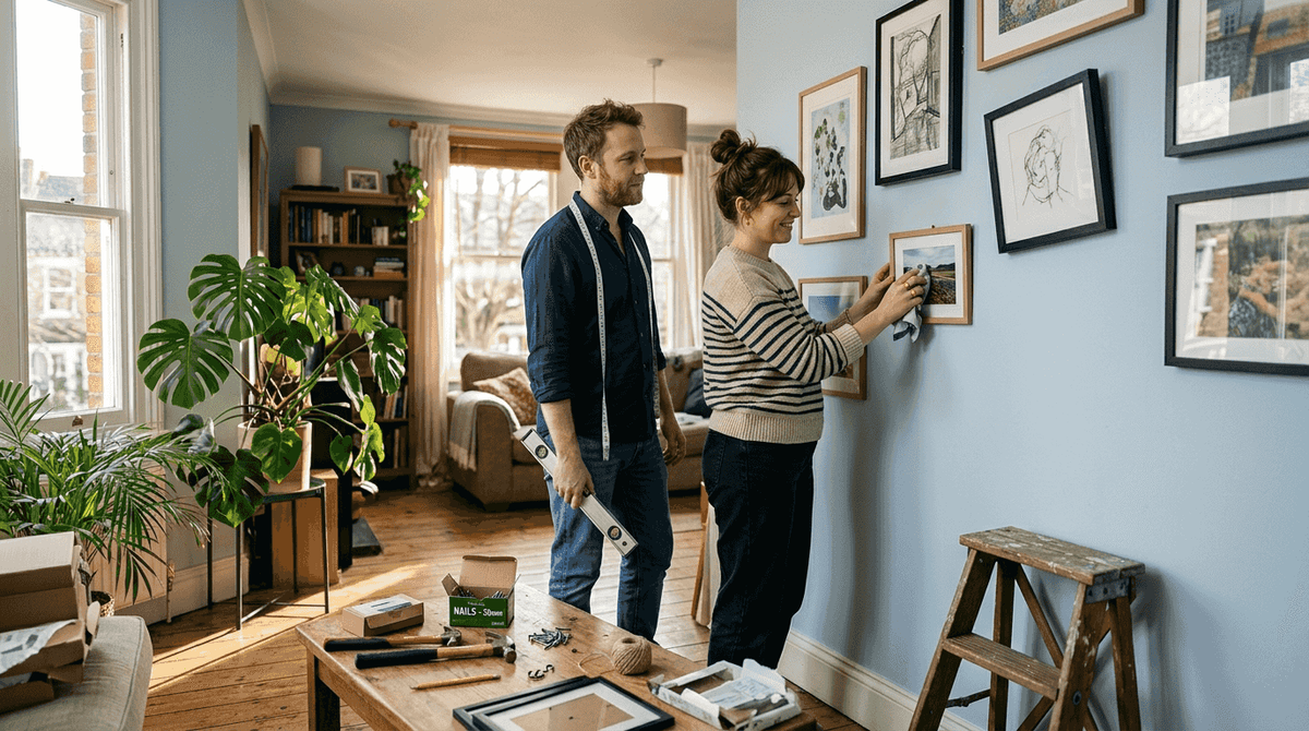 Couple arranging personal gallery wall in living room