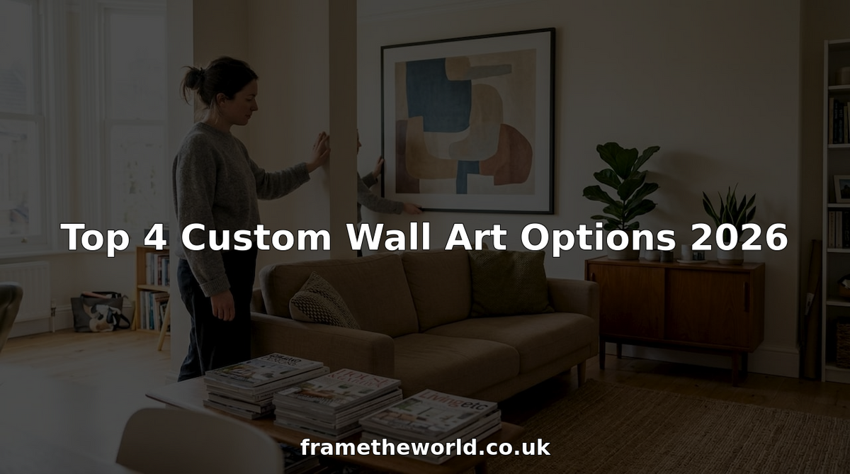 Person hanging custom wall art in bright living room