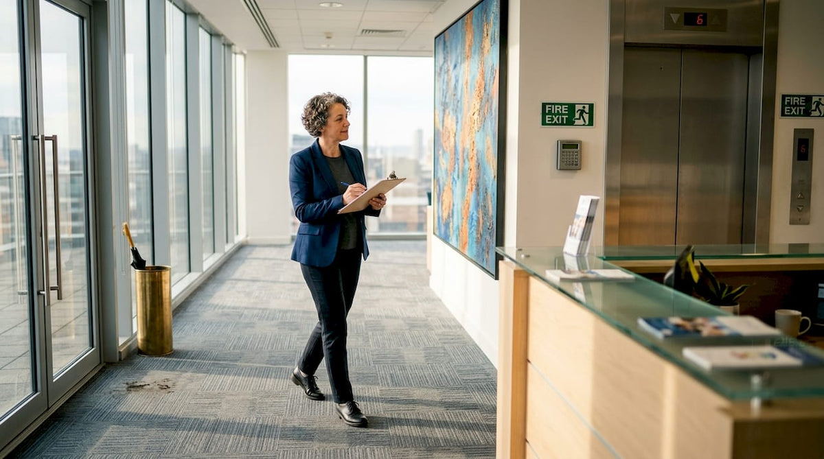 Manager inspecting lobby art installation