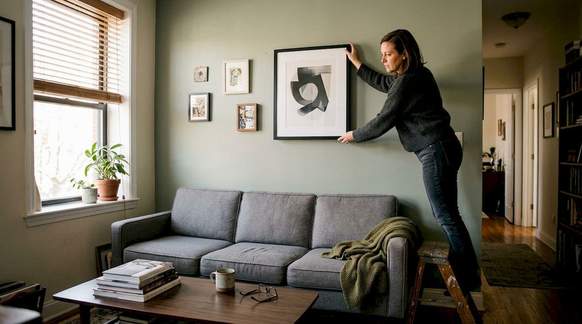 Woman hanging framed art above sofa