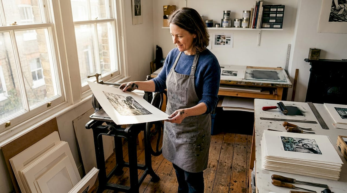 Artist reviews limited edition print in studio