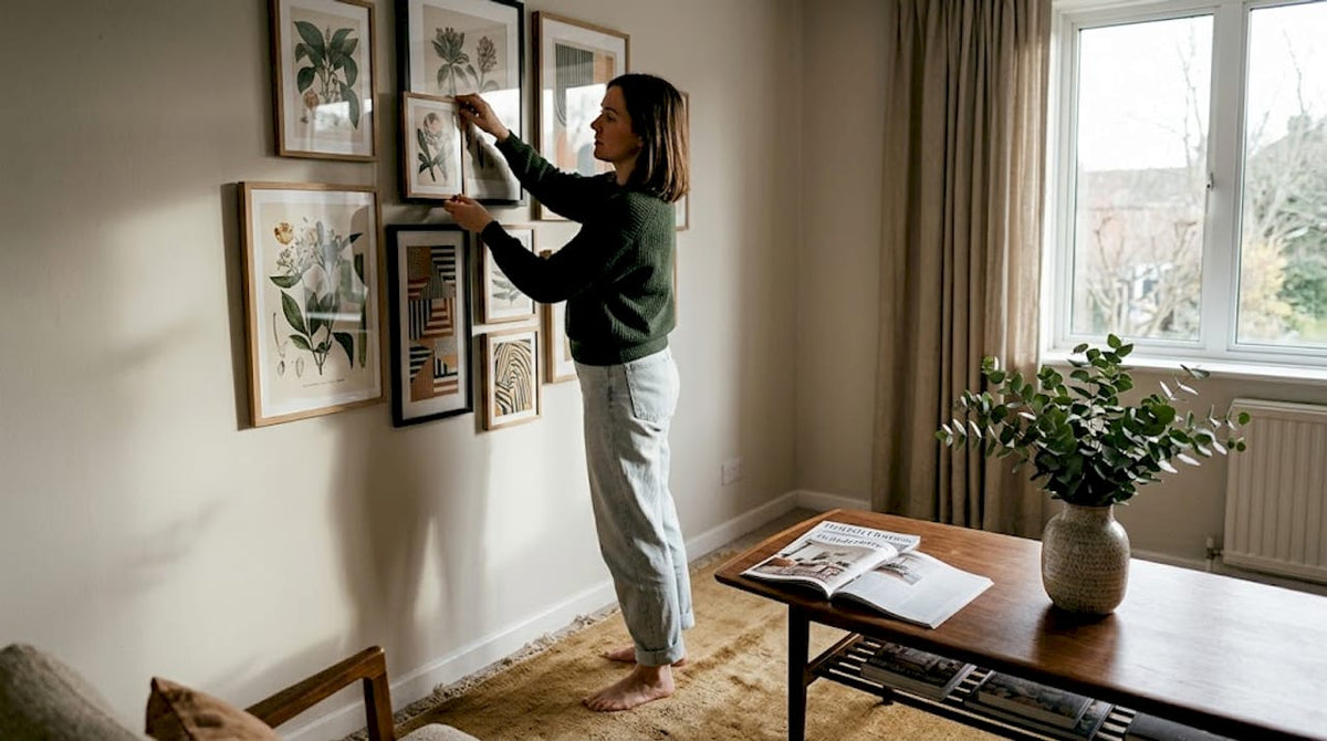 Woman arranging mixed prints on living room wall