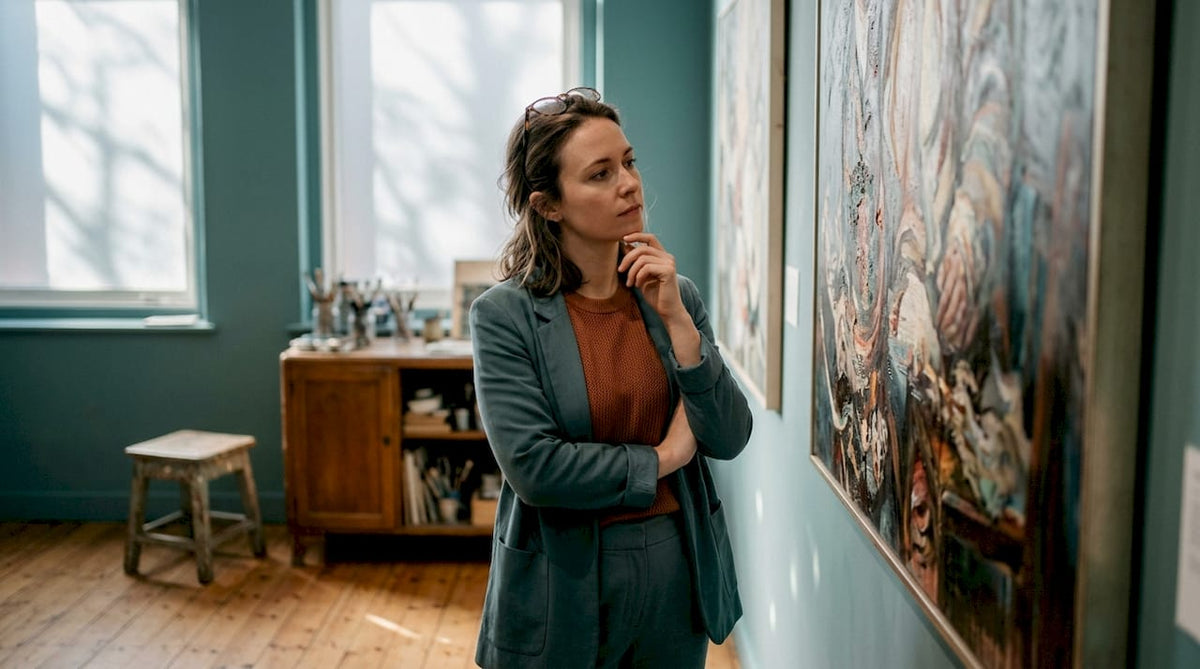 Curator examining thematic art in gallery