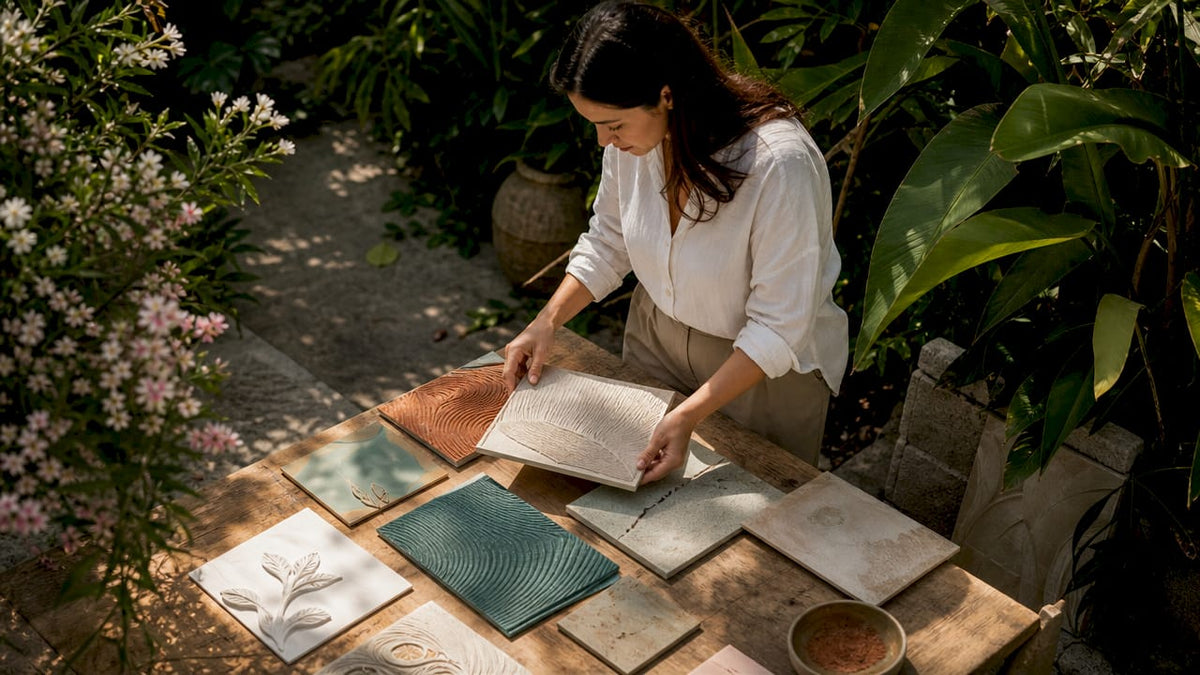 Interior designer reviewing art formats portfolio