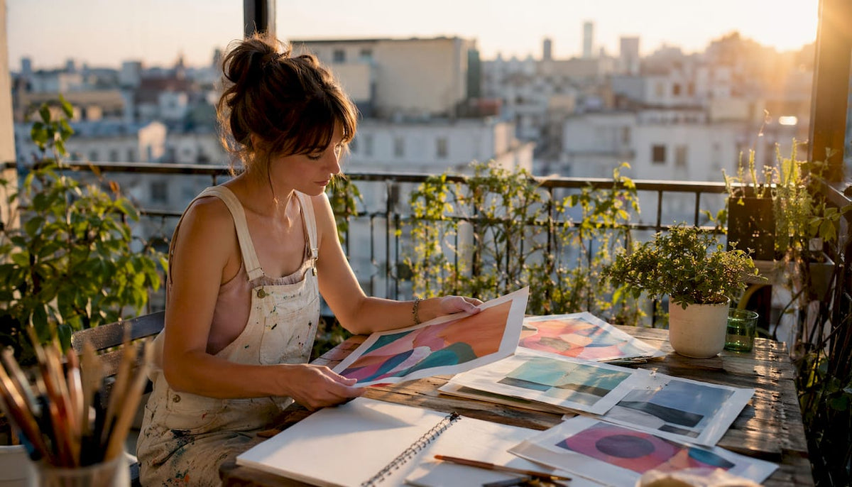 Artist examining contemporary art prints in studio