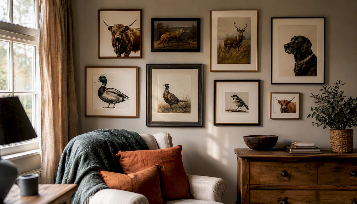 Living room wall with diverse animal art prints