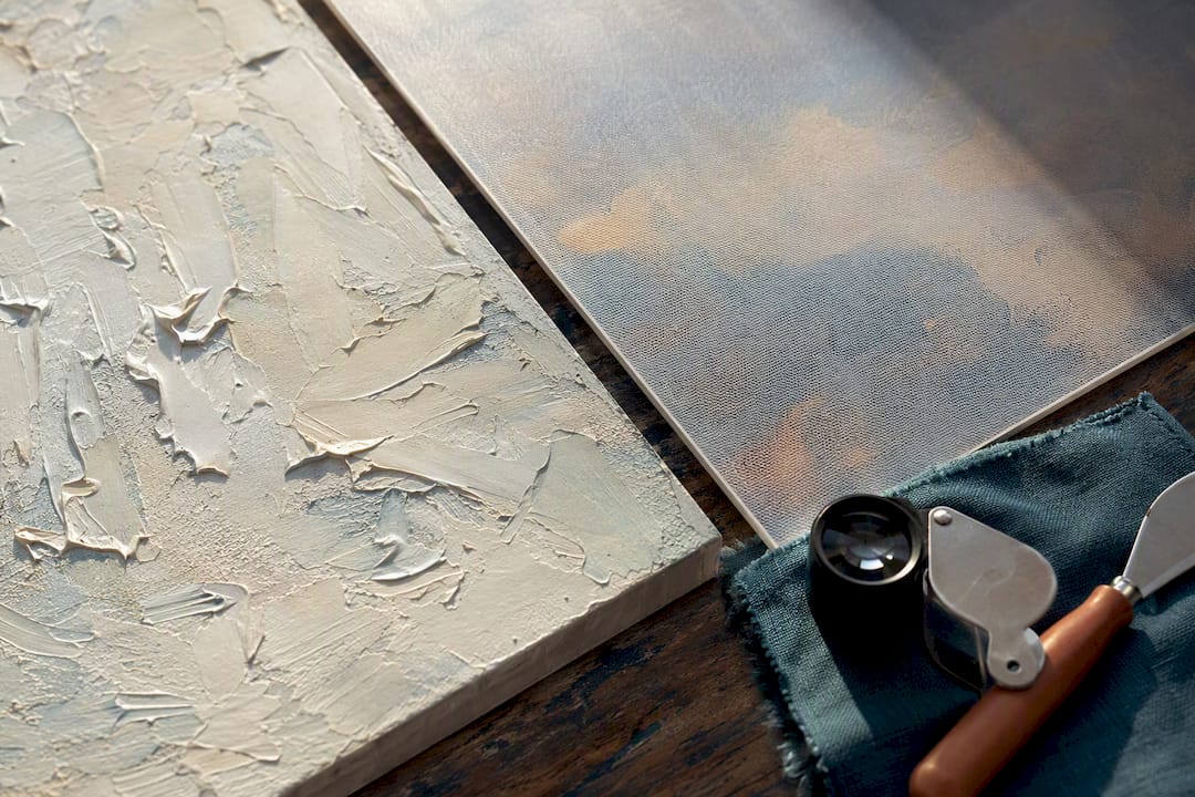 Close-up comparing painted and printed art surfaces