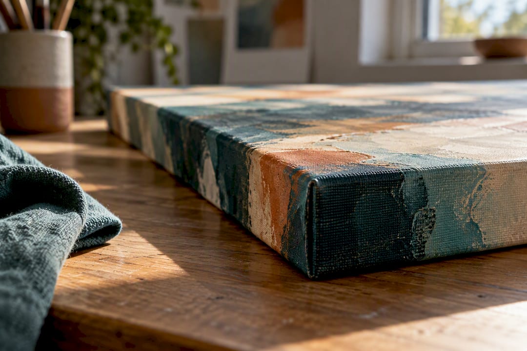 Gallery-wrap canvas edge in studio light