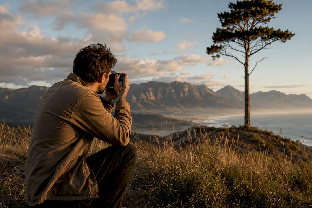 Photographer comparing vertical tree and wide mountains