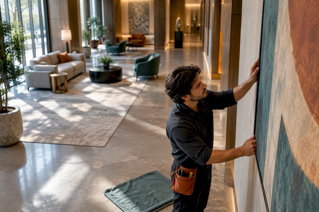 Installer aligning wall art in hotel lobby