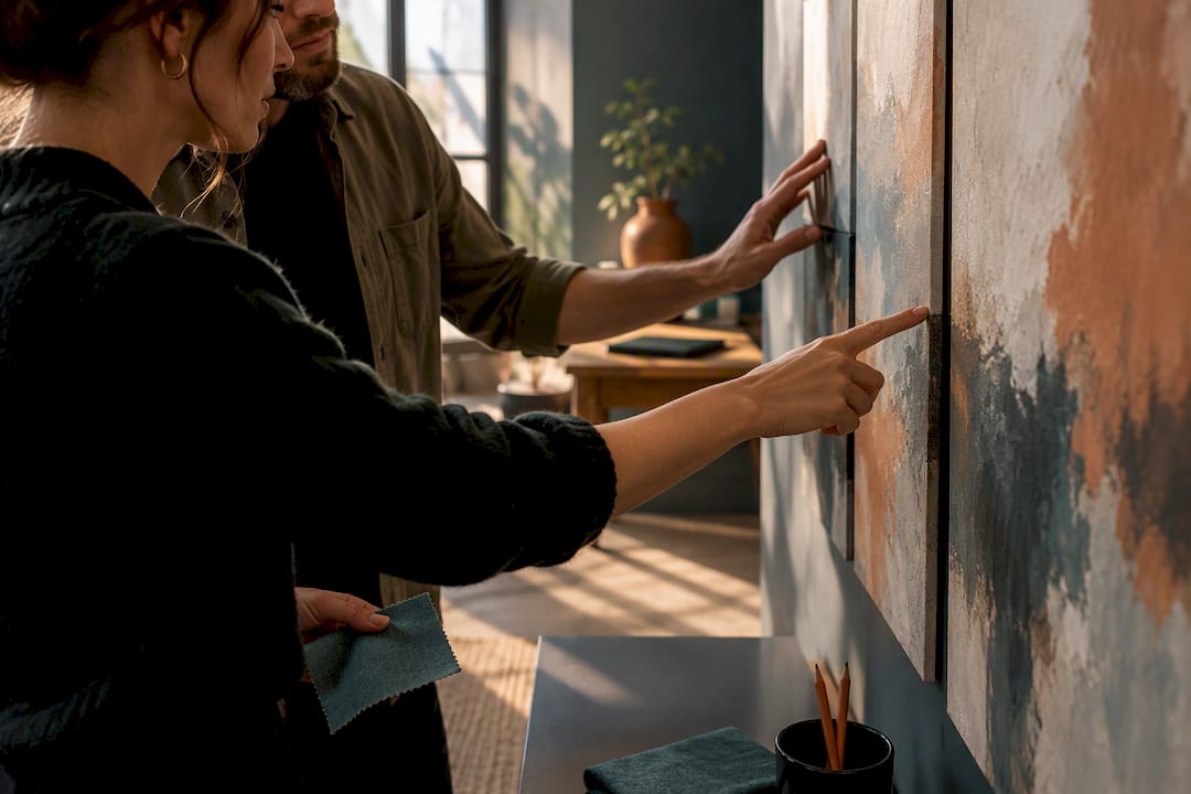 Buyer and artist planning triptych panel spacing