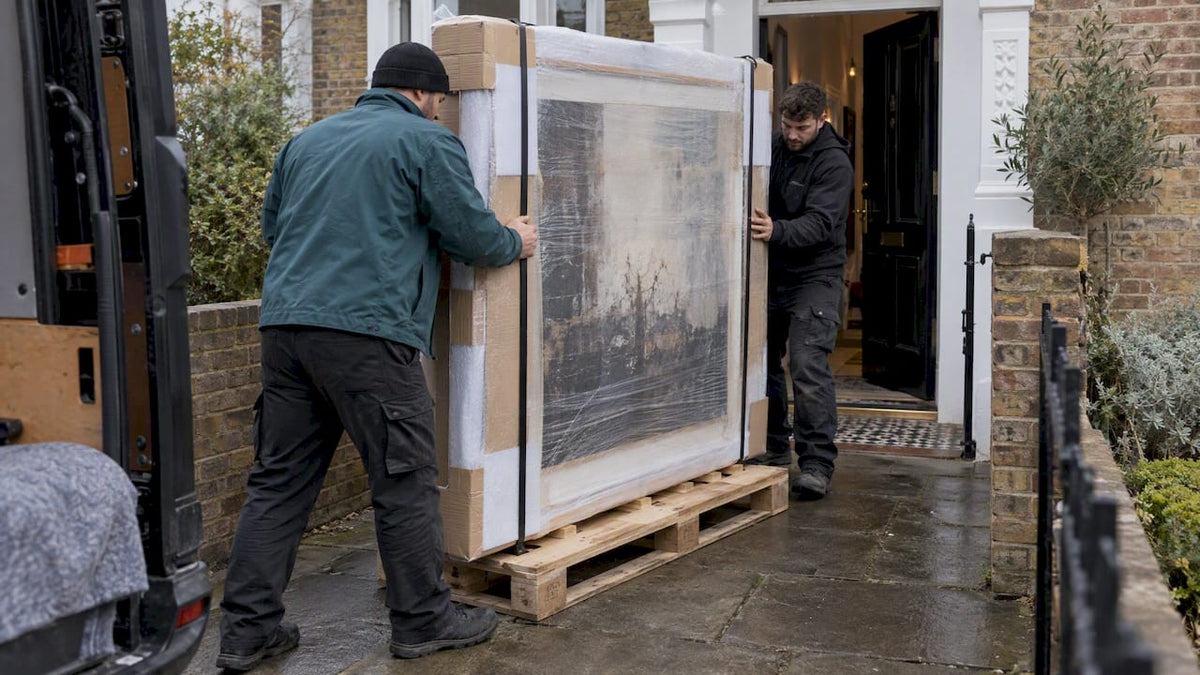 Palletised wall art arriving at UK townhouse