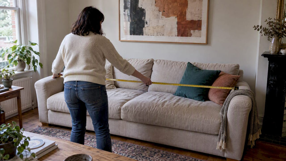 Homeowner measuring sofa beneath framed artwork