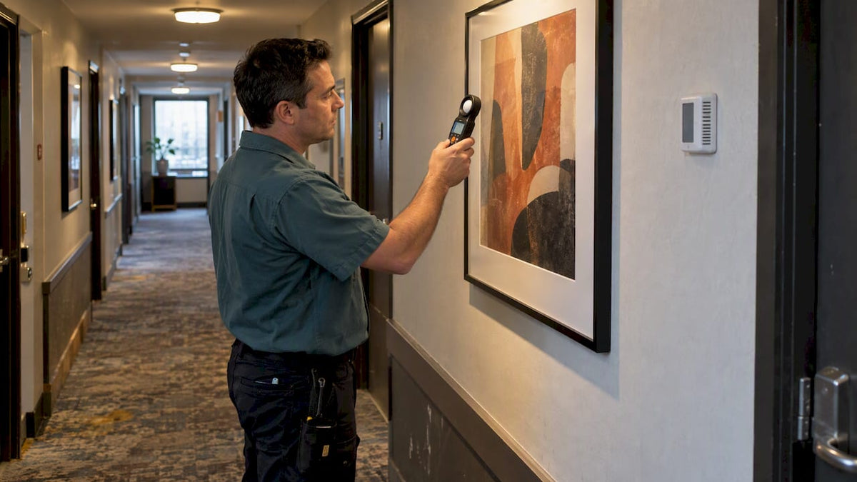 Technician checking light beside framed commercial artwork