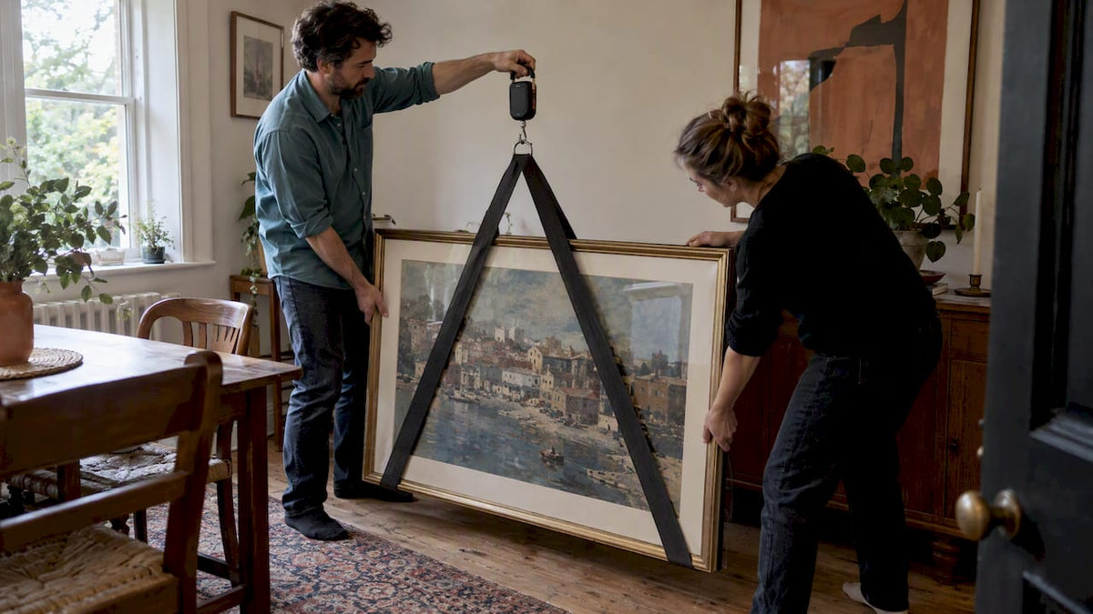 Two adults weigh a large framed artwork