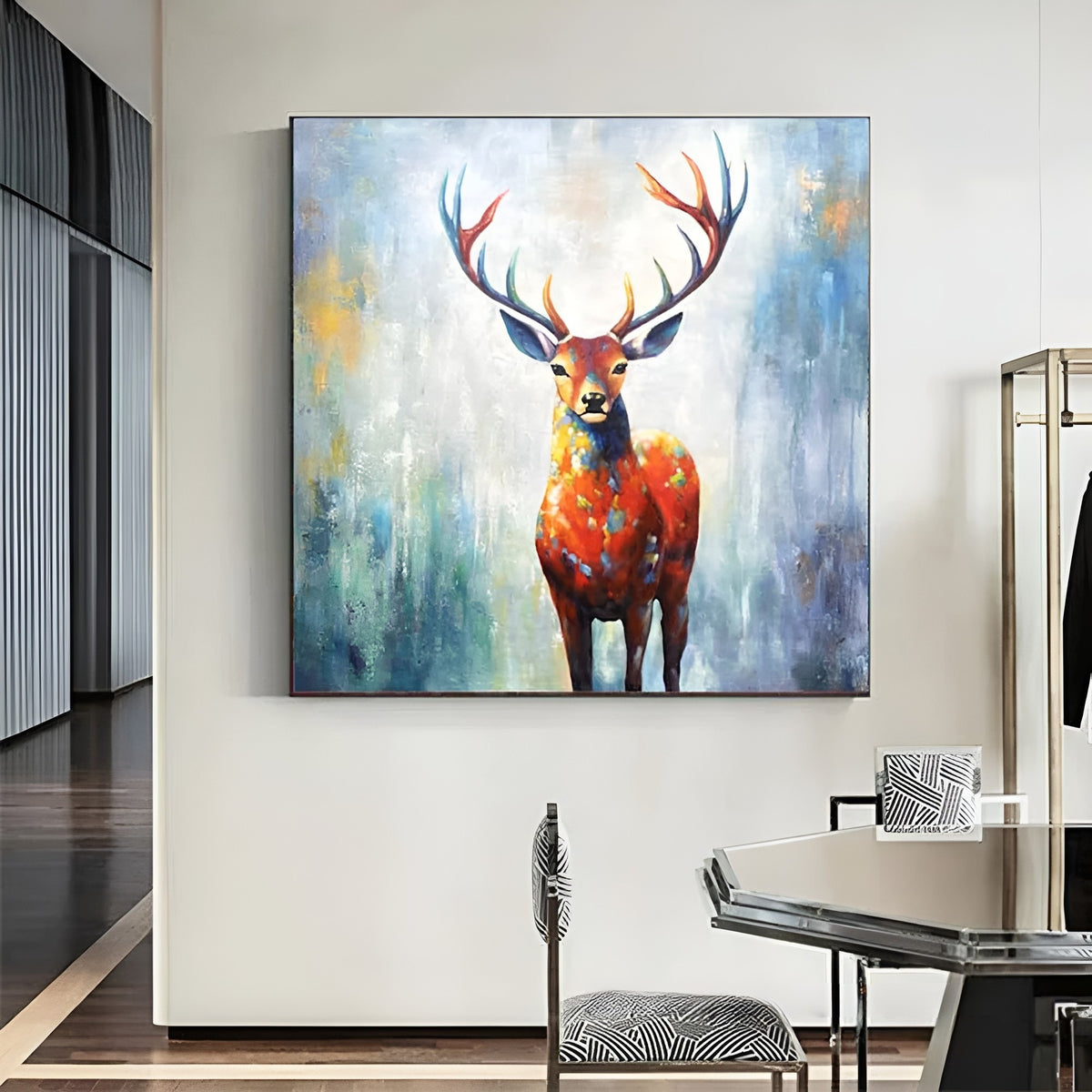 Bold and vivid deer oil painting, handmade on canvas, ideal for adding nature-inspired charm to home interiors.