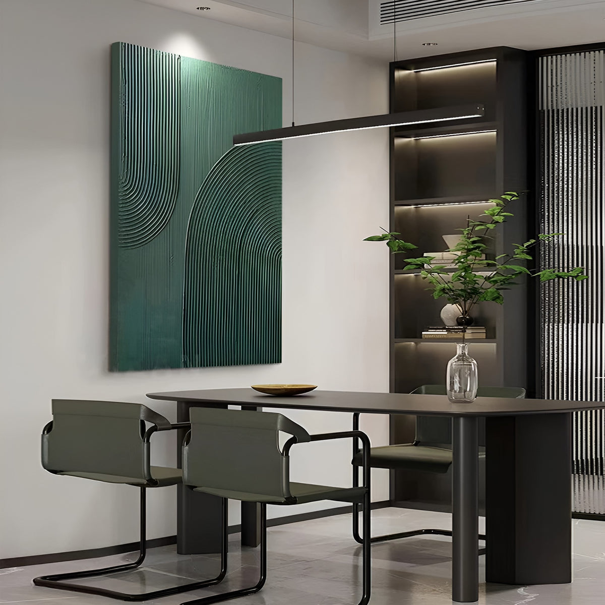 Green minimalist geometric artwork that adds depth and sophistication to modern spaces like libraries or lounges.